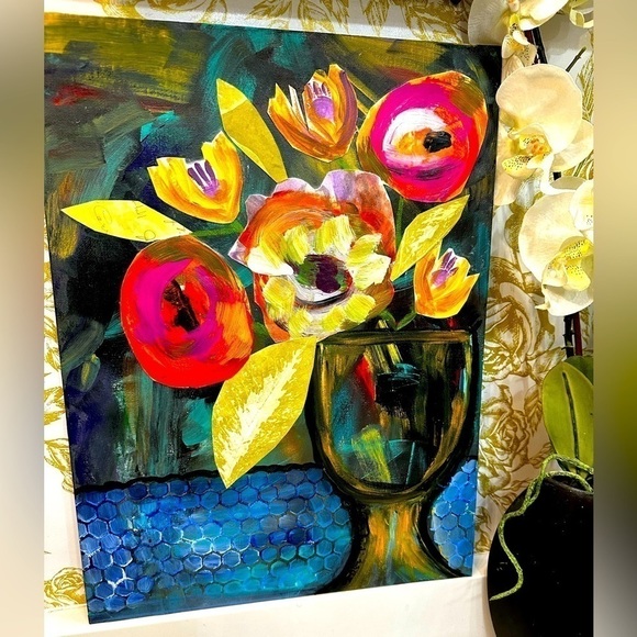 Painting Original Art Mixed Media Acrylic Collage on Canvas 12x16 Floral signed - Picture 1 of 12